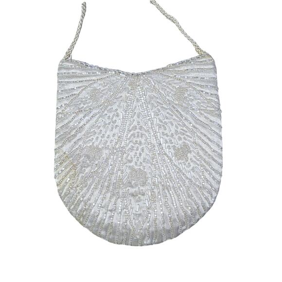 Loredana White Beaded Cocktail Purse Handbag Corded Shoulder Strap Bridal 1920s - Picture 2 of 11